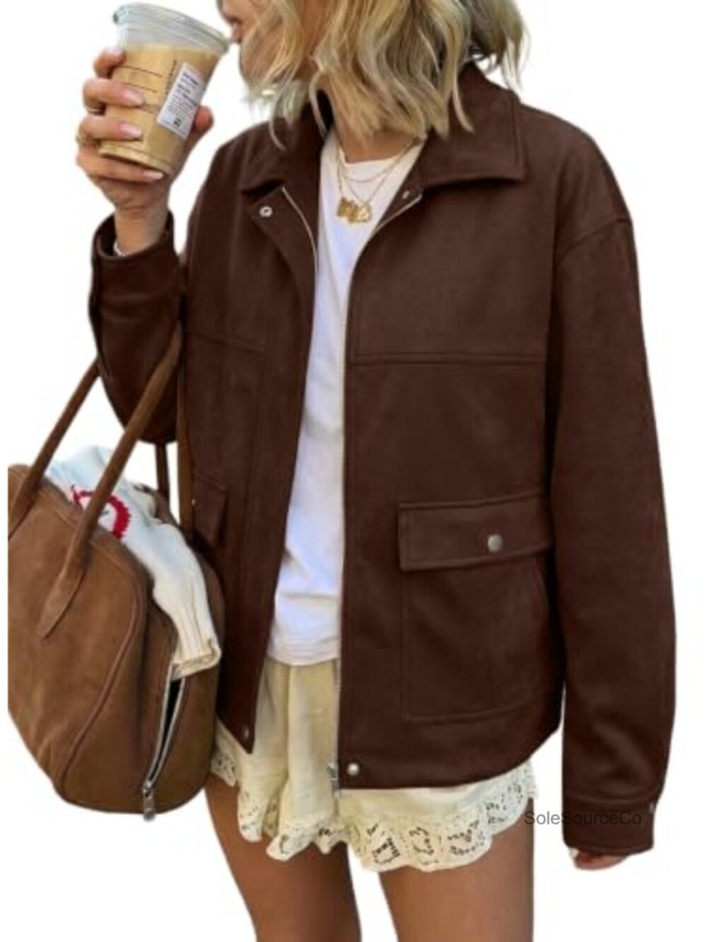 Faux Suede Bomber Jacket Oversized Lapel Zip Up Winter Coat Women